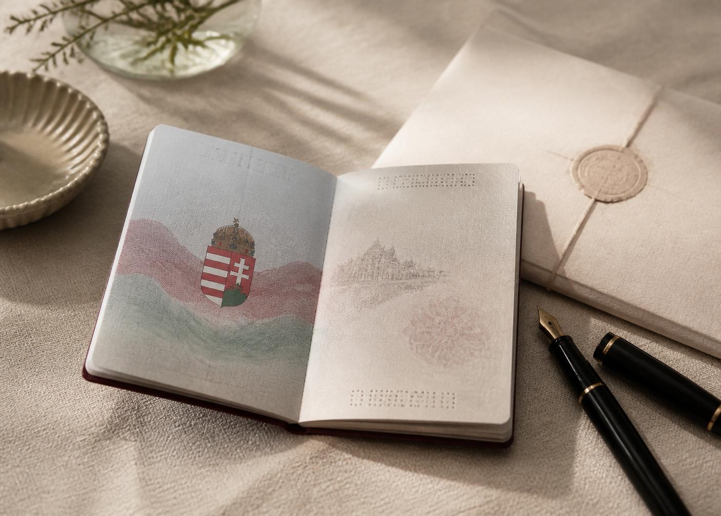 Open Hungarian passport with a fountain pen and folded document on warm linen