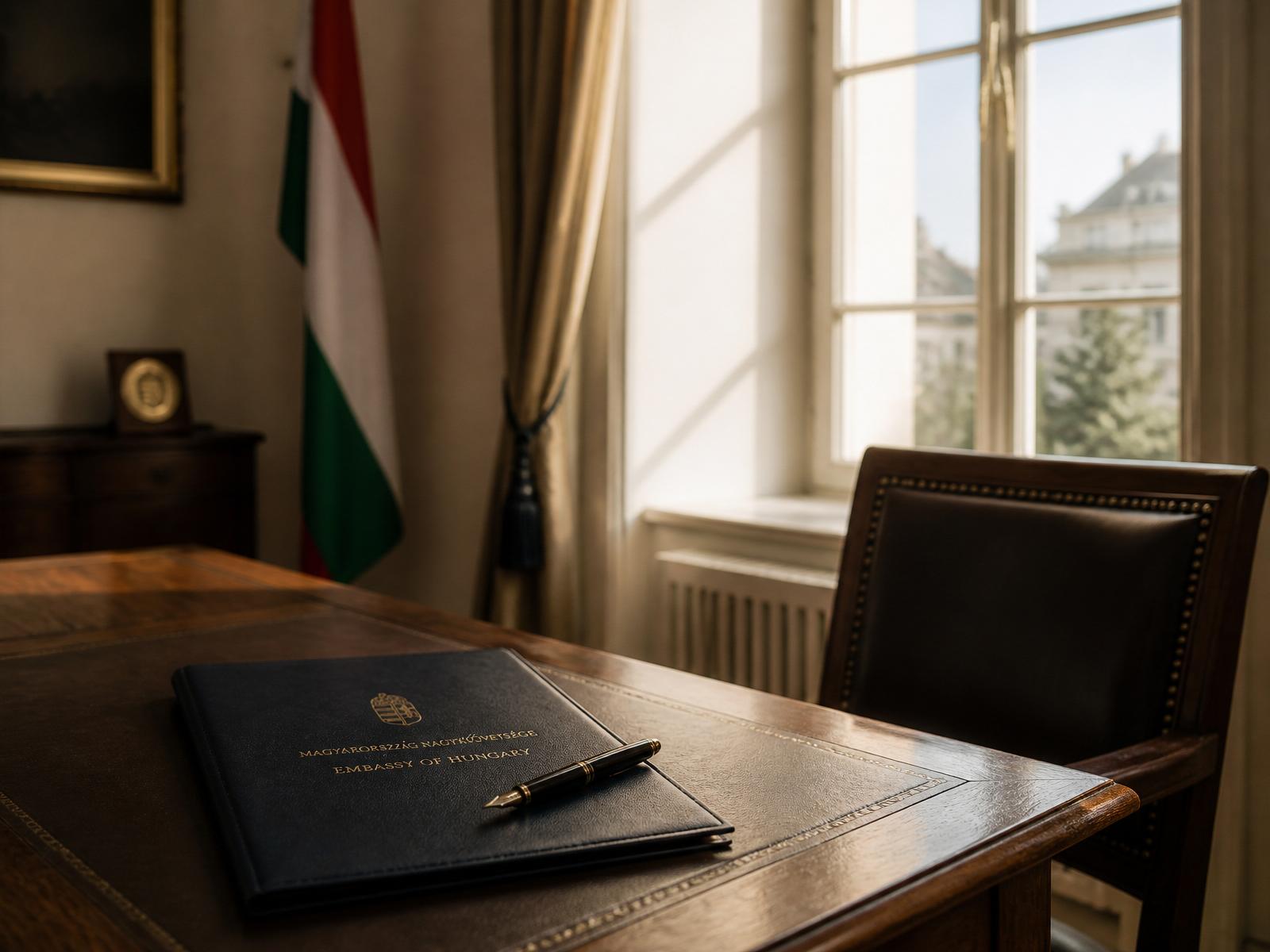 Sunlit desk with the Hungarian flag and a leather portfolio, used as an editorial illustration